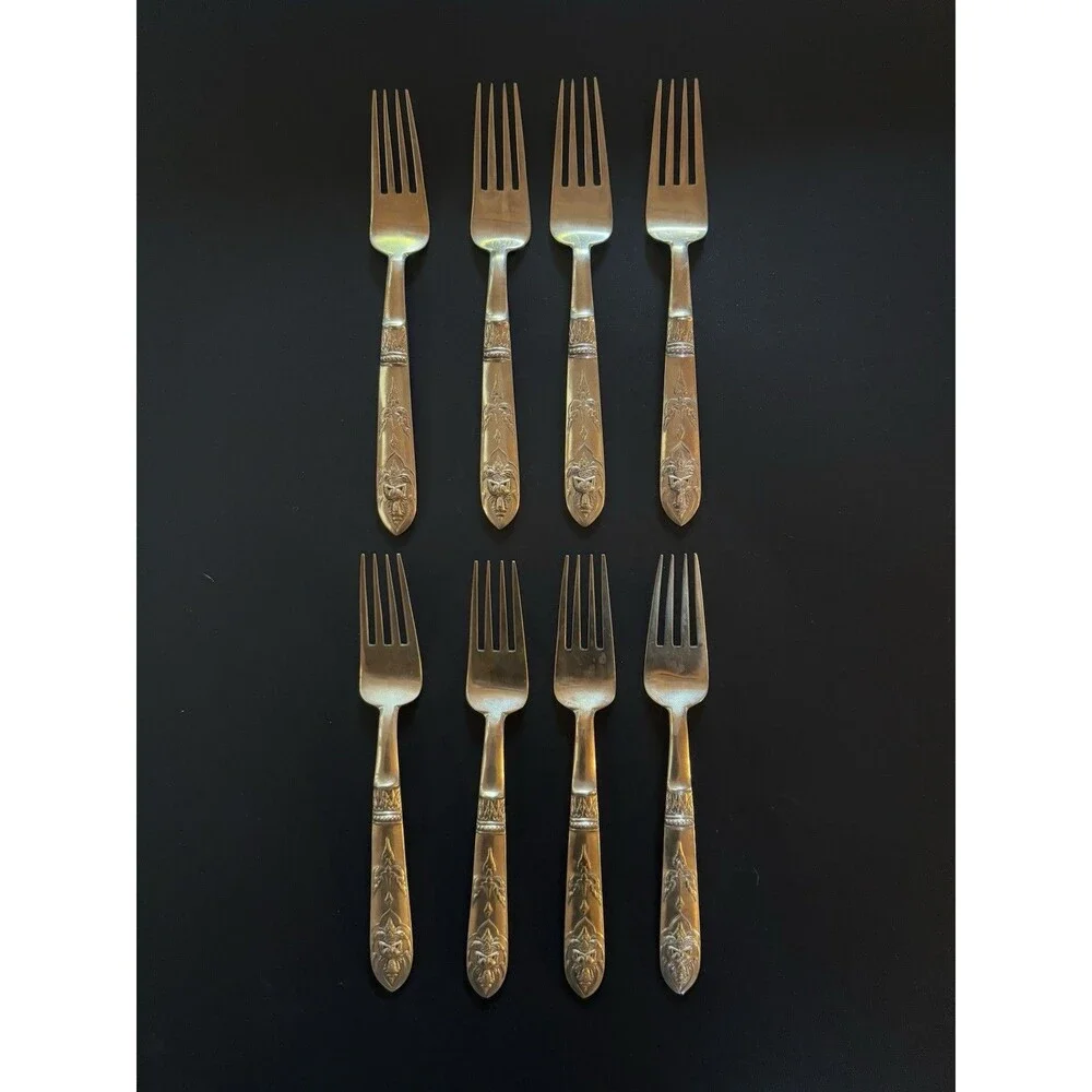 Set Of 8 Vintage Brass Dinner Forks Thailand Buddha Deity Pattern Heavy Flatware